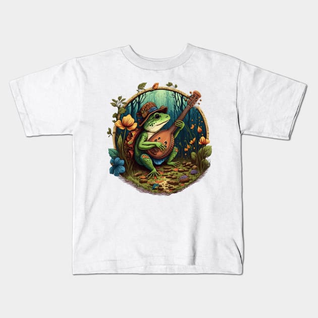 Cottagecore aesthetic cute frog playing ukelele on Mushroom Kids T-Shirt by JayD World